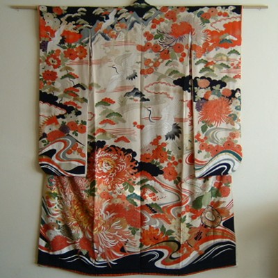 Japanese Antique Taisho Wedding Kimono, Cranes & Mums Japanese Antique Taisho Wedding Kimono, Cranes & Mums