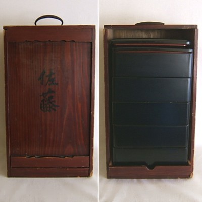 Antique Japanese Lacquered Jubako, 5 Boxes Antique Japanese Lacquered Jubako, 5 Boxes